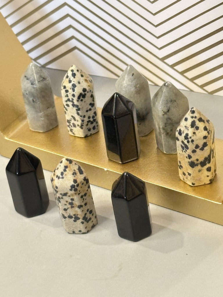 Labradorite, Dalmatian Jasper & Obsidian Mini Power Towers Pocket-Sized Energy, Big-Time Impact