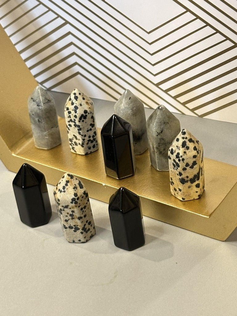 Labradorite, Dalmatian Jasper & Obsidian Mini Power Towers Pocket-Sized Energy, Big-Time Impact
